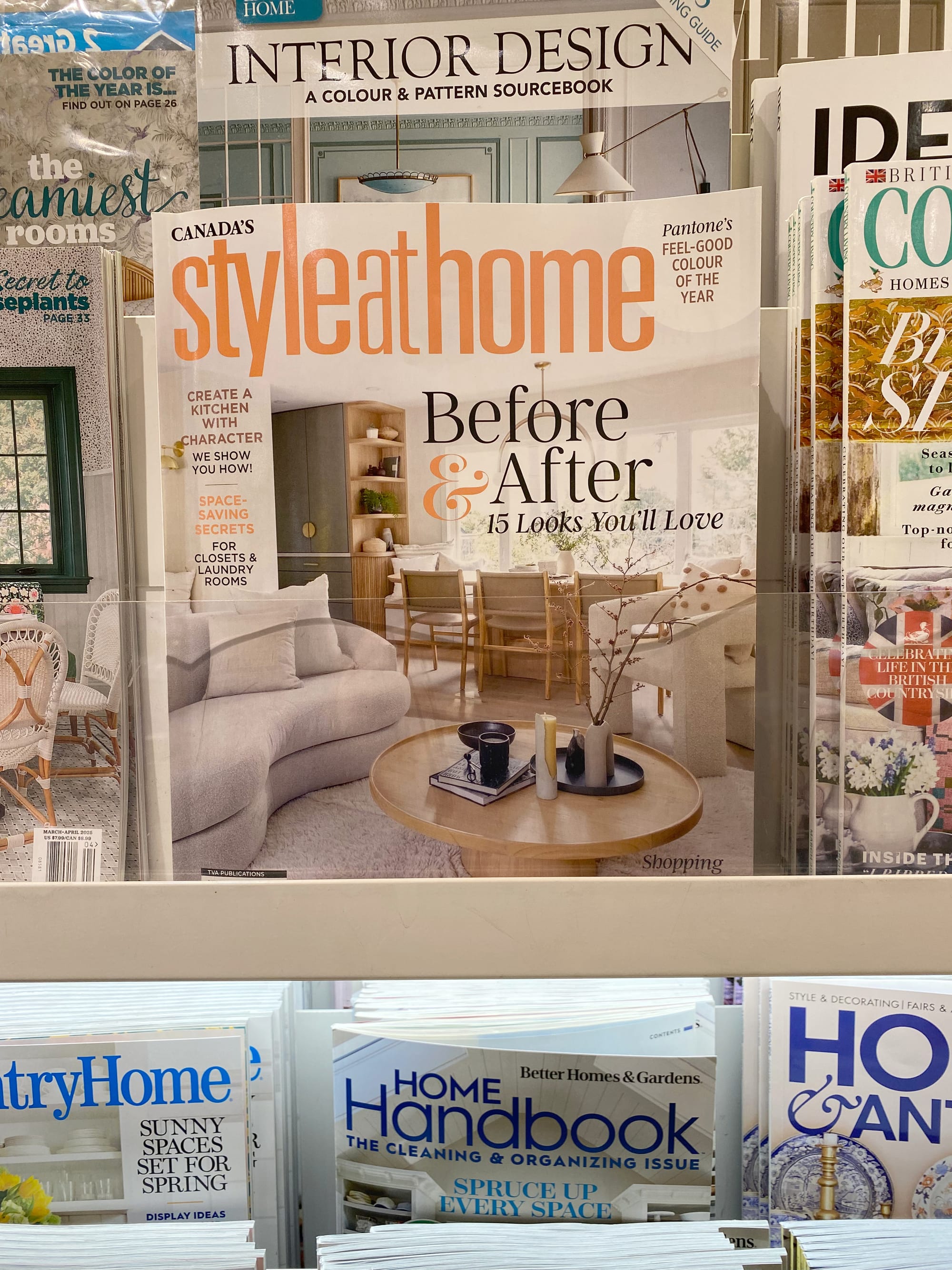 Magazine rack with "Canada's Style at Home" in the foreground, with the cover line "Before & After: 15 Looks You'll Love."