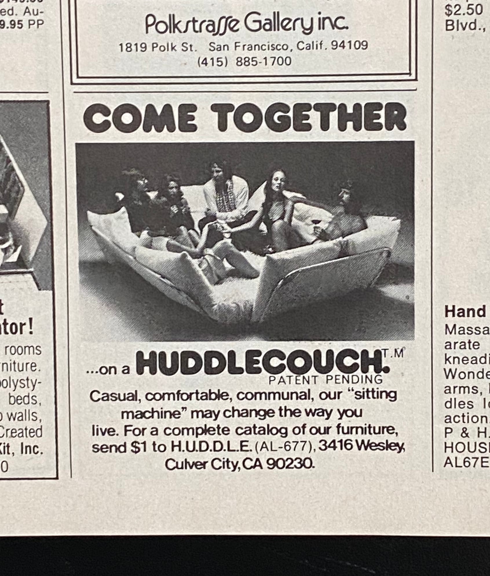Three men and three women lounging in a "huddlecouch".