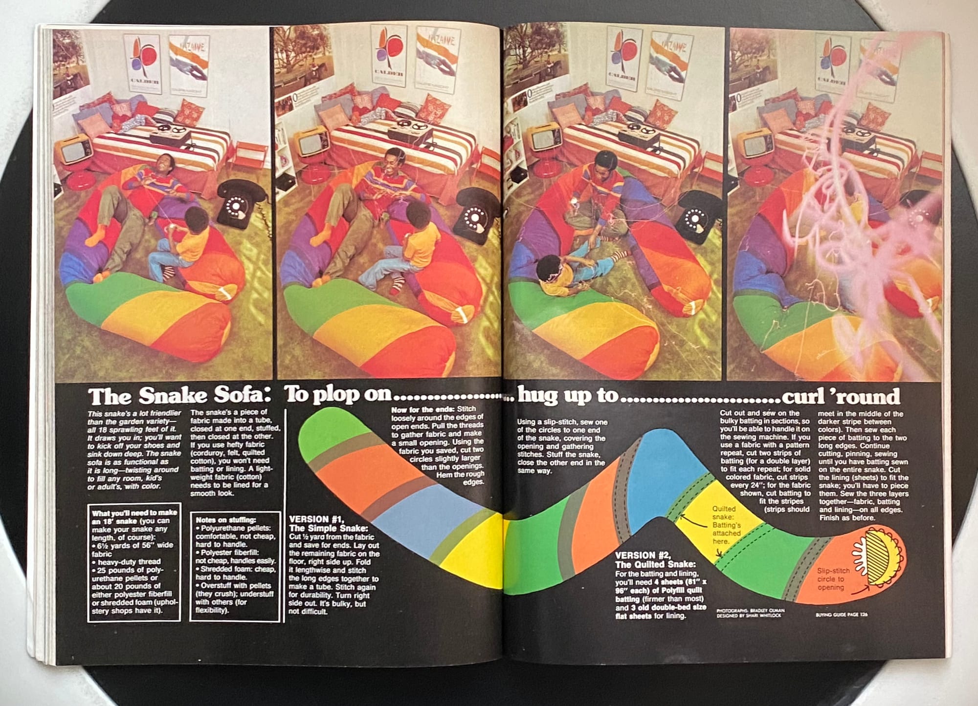 Kids playing on a snake sofa, along with instructions on how to make it.